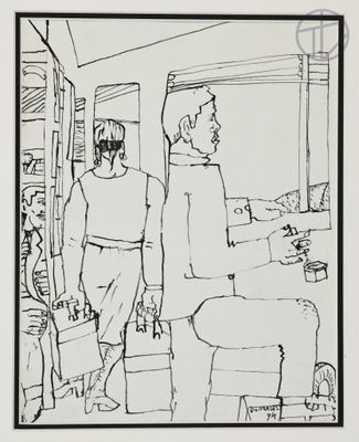 dessin représentant un homme et une femme debout dans une pièce avec un chien