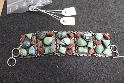 turquoise, coral, and silver bracelet with matching clasp
