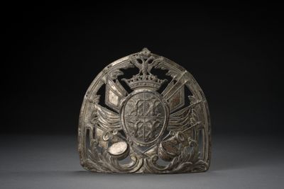 an image of a metal sculpture of a shield with a crown on it