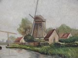 a painting of a windmill on the water near a bridge