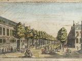 drawing of a view of a city street with a horse drawn carriage in the foreground