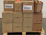 boxes stacked on a pallet in a warehouse with a barcode on the top