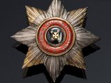 an image of a gold and red star broochle on a black background