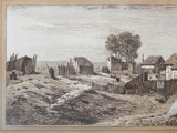 an old drawing of a village with a dirt road in the foreground