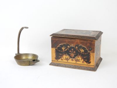 a small wooden box with a lid and a metal spoon