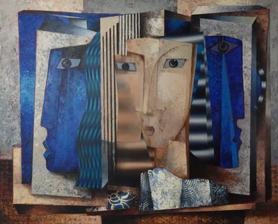 peinture abstraite représentant le visage d'une femme vêtue d'une robe bleue et d'un foulard bleu