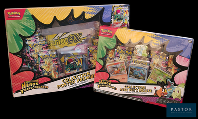 two boxes of pokemon collectibles are shown on a black background