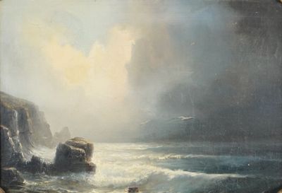 peinture représentant un bateau sur un plan d'eau près d'une côte rocheuse