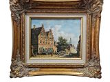 une peinture à l'huile représentant un bâtiment devant lequel se trouve une calèche