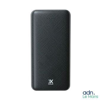 vue arrière d'une batterie externe noire portant un logo