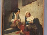 painting of a man and a woman sitting on the steps of a building