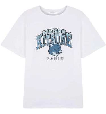 un t-shirt blanc avec un logo bleu et blanc sur le devant