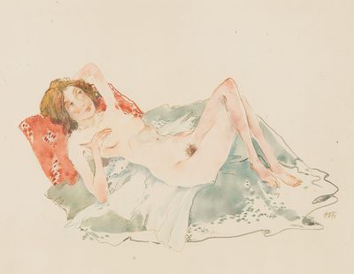 dessin représentant une femme nue allongée sur une chaise, les jambes croisées