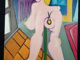 une peinture à l'huile représentant une femme nue avec une horloge posée sur une table