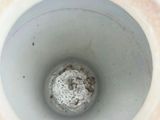 a close up of a white vase with a ball in it