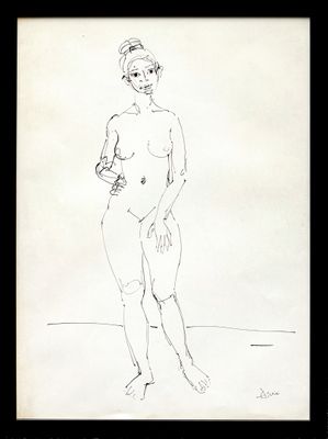 drawing of a woman standing on a beach with her hands in her pockets