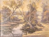 a painting of a river with trees in the background