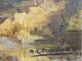 an image of a painting of a man riding a horse down a river