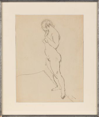 un dessin représentant une femme nue debout devant un mur