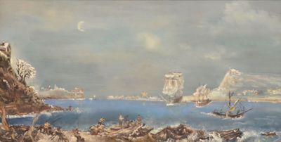 a painting of a boat in the water near a rocky shore