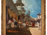 an image of a painting of a street scene with people and animals