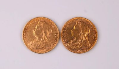 ROYAUME-UNI. Deux pièces souverain or Victoria "Tête vieille…