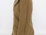 the back of a brown jacket with a black collar