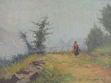 painting of a woman walking down a dirt road near a lake