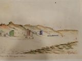drawing of a beach scene with people walking on the sand