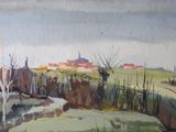 a painting of a small stream running through a field