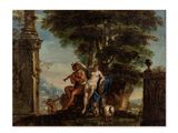 a painting of two men and a dog in a wooded setting