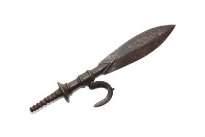 an old knife with a hook on it on a white background