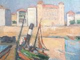a painting of boats in a harbor with buildings in the background