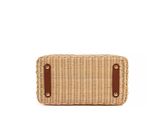 the small wicker bag is made from natural materials and has a brown leather strap