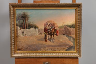 an oil painting of a horse pulling a cart down a dirt road