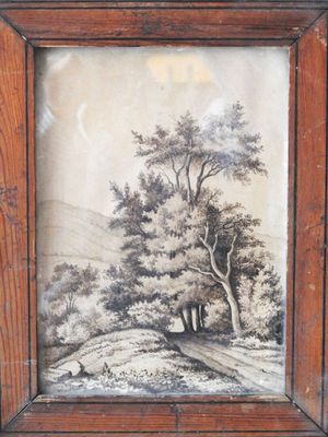 an old picture of a painting of a wooded landscape with trees