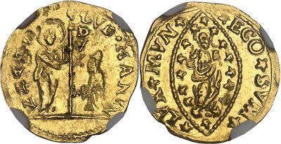 a gold coin with an image of a man and a woman on it