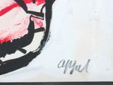 a picture of a painting of a red and black bird on a white background