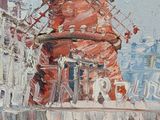 an oil painting of a windmill in a city with buildings in the background