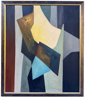 une peinture abstraite représentant un homme portant un chapeau et une chemise bleue