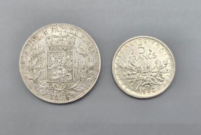 Suite de pièces en argent : 5 francs Semeuses et Léopold II