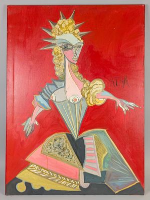 a painting of a woman with a crown on her head and a red background