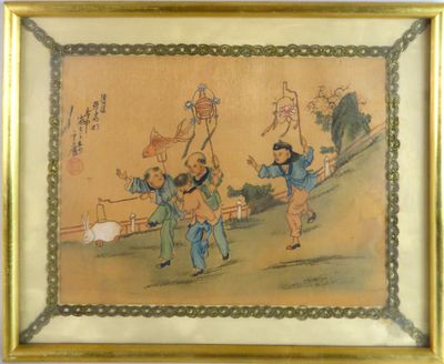 tableau représentant un groupe d'enfants jouant avec des cerfs-volants sur une colline