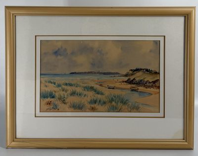 painting of a beach scene with a boat in the water