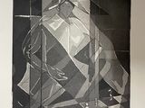 a black and white drawing of a man sitting on a chair