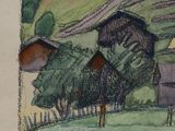 a picture of a painting of a farm in the country