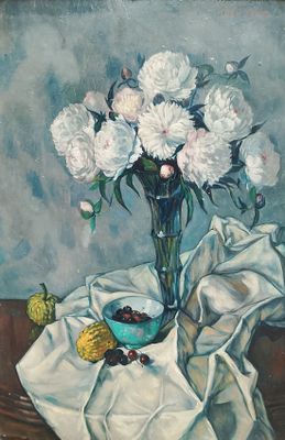 a painting of flowers in a vase on a table