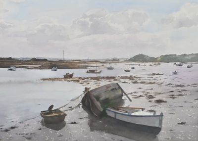 a painting of a boat on the shore of a body of water
