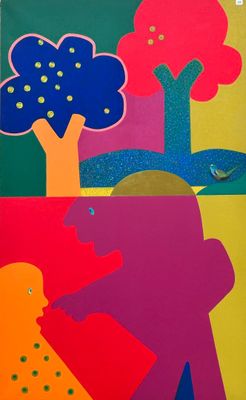 a picture of a colorful painting with trees on it