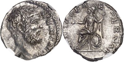 a silver coin with an image of a man and a woman on it